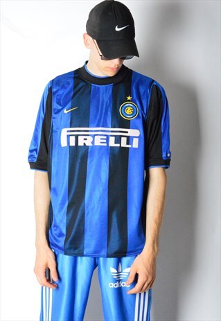 BLUE BLACK STRIPED MILANO FOOTBALL SPORTS T-SHIRT
