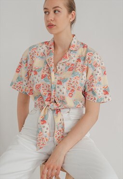 Vintage Tie Front Cotton Crop Top in Pastel Floral Print M