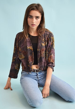 80'S RETRO ABSTRACT PRINT FESTIVAL OPEN FRONT BLOUSE TOP