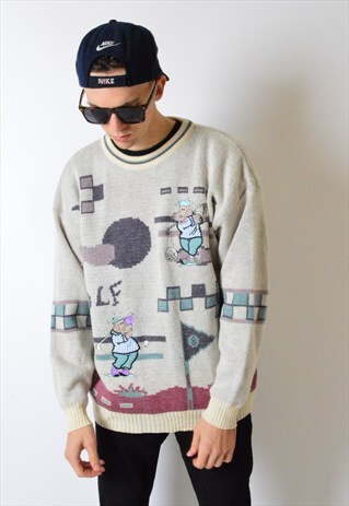 VINTAGE 80S BEIGE WOOL KNIT EMBROIDERED GOLF JUMPER