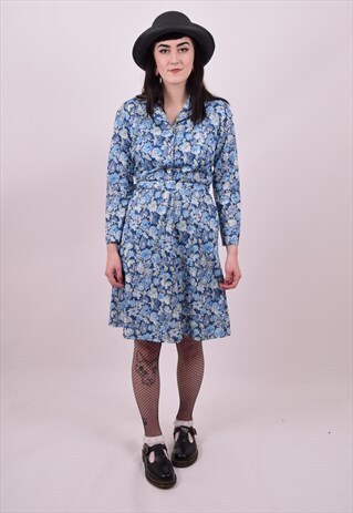VINTAGE 70'S BLUE FLOWER PRINT GRANNY DRESS SIZE 10 12