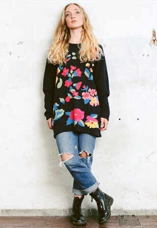 VINTAGE 80S BLACK FLORAL LONGLINE JUMPER