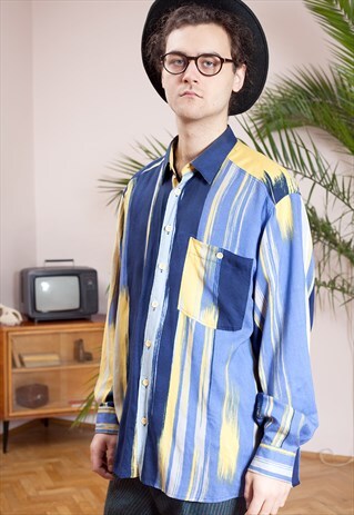 VINTAGE 90S ABSTRACT PRINT MEN'S COLLAR, LONG SLEEVE SHIRT