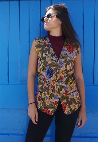 VINTAGE 80S EMBROIDERED APPLICATION FLORAL GILET