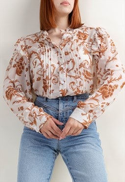 Vintage 70s Boho White&Brown Ruffle Shoulder Blouse XL/XXL