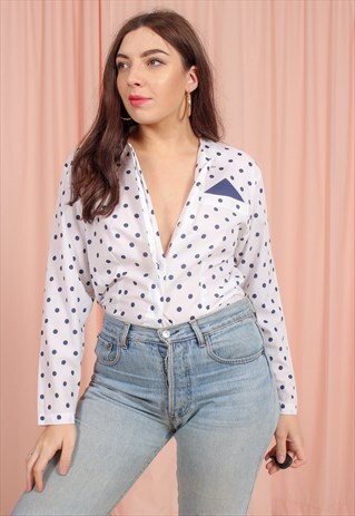 VINTAGE 80S WHITE BLOUSE IN POLKA DOT PRINT
