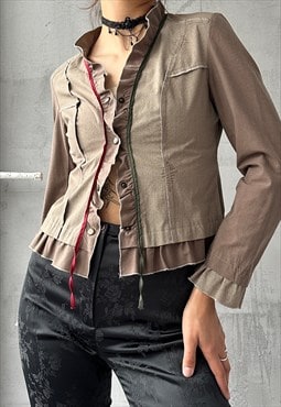 Vintage 00's Light Brown Classic Ruffled Button Up Jacket