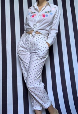 Vintage 80s white chino trousers with purple polka dots, L