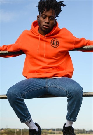 STAMP GRAPHIC PRINT HOODIE IN ORANGE.