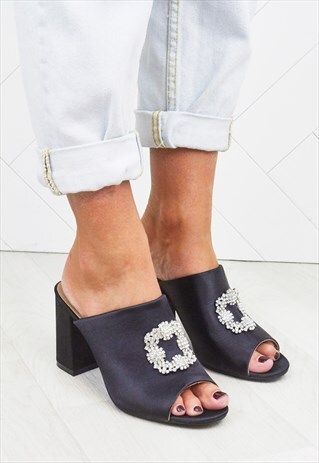 ALICE BLACK SATIN BLOCK HEEL MULES WITH CRYSTAL DETAIL