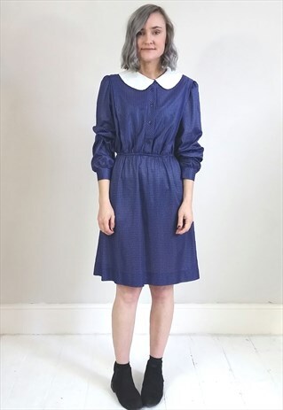 VINTAGE 80'S BLUE DRESS W/ WIDE PETER PAN COLLAR