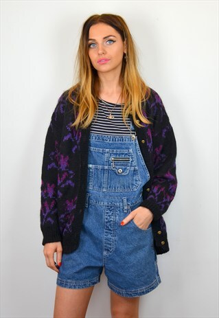 VINTAGE 90S BLACK & PURPLE PATTERN MOHAIR WOOL CARDIGAN