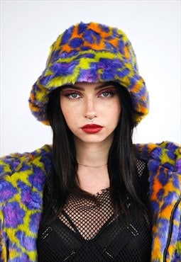 Leopard faux fur bucket purple neon animal print fest cap