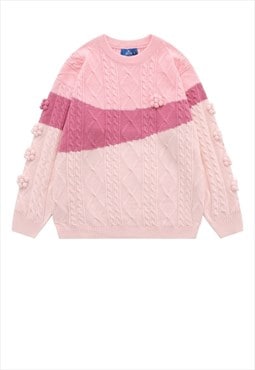 Preppy sweater knitted cable jumper contrast top in pink