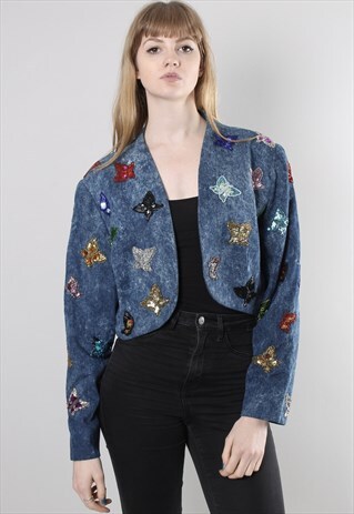 VINTAGE 90S ACID WASH DENIM BEADED BOLERO CROPPED JACKET