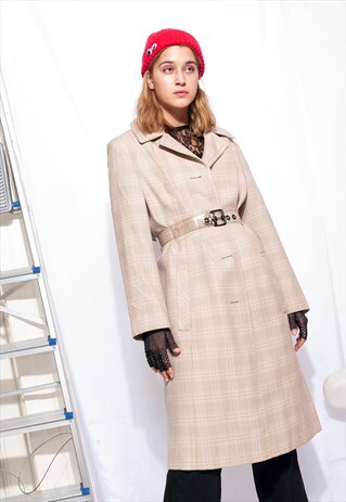 VINTAGE WOOL COAT 70S BEIGE CHECKED LONG JACKET