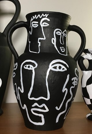 VINTAGE BLACK CERAMIC VASE HANDPAINTED WITH ABSTRACT FACES