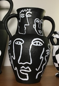 Vintage black ceramic vase handpainted with abstract faces