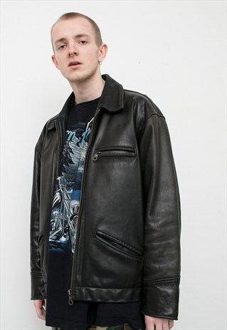 VINTAGE BLACK LEATHER ZIP UP JACKET SPRING OVERSIZED JACKET