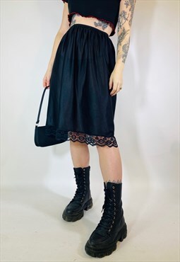 Vintage 90s 00s Y2K Satin Lace Black Midi Slip Skirt