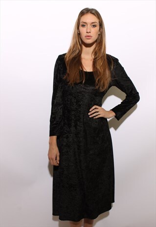 VINTAGE 1990'S 90'S BLACK CRUSHED VELVET LONG DRESS L-XL