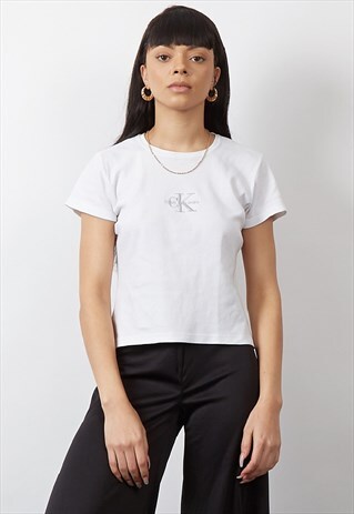 RARE VINTAGE 90'S CALVIN KLEIN WHITE LOGO CROP T-SHIRT