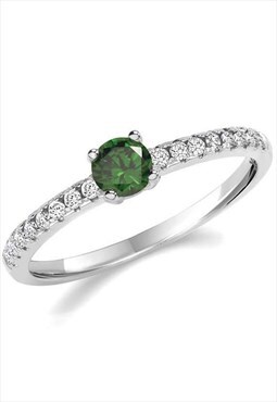 Emerald Green White Gold on Silver Dainty Solitaire Ring