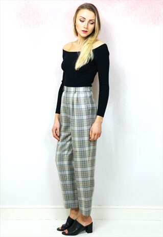 1980S VINTAGE LIGHT BLUE CHECK WOOL HIGH WAIST TROUSER