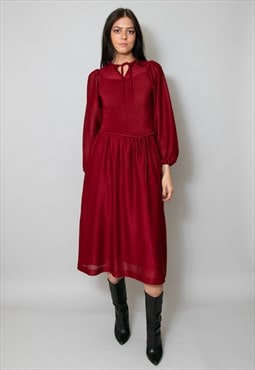 70's Vintage Dark Red Bell Sleeve Ladies Midi Dress Small