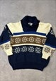 VINTAGE KNITTED JUMPER ABSTRACT PATTERNED GRANDAD SWEATER