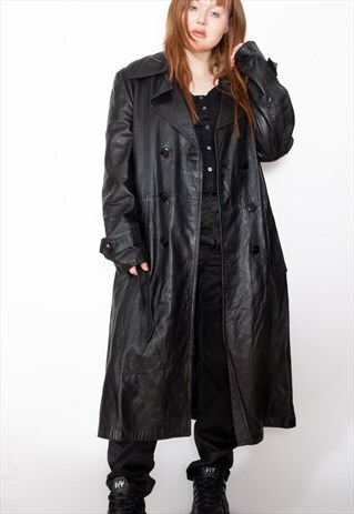 VINTAGE 80S BLACK LEATHER TRENCH COAT ID:5270
