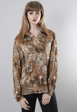 VINTAGE 80S SILK LEOPARD PRINT PATTERNED BLOUSE