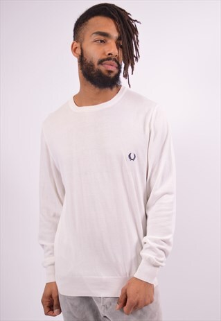 FRED PERRY MENS VINTAGE JUMPER SWEATER XL WHITE 90S