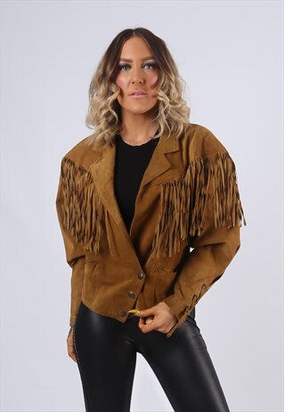 SUEDE LEATHER FRINGE TASSEL JACKET VINTAGE UK 12 (EM5P)