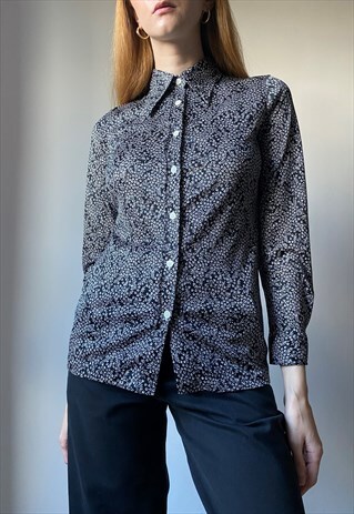 VINTAGE BLACK JERSEY DAGGER COLLAR FLORAL SHIRT SIZE XS