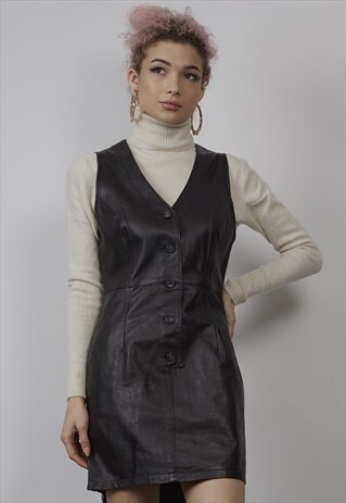 VINTAGE 80'S BLACK LEATHER BUTTON-UP MINI DRESS