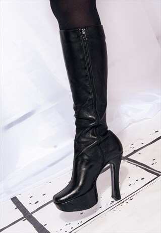 VINTAGE PLATFORM BOOTS 90S BLACK LEATHER KNEE-HIGH BOOTS