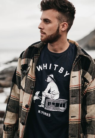 'WHITBY SEAFARER' HAND PRINTED T-SHIRT IN NAVY BLUE