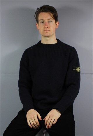 VINTAGE STONE ISLAND WOOL KNIT SWEATSHIRT IN NAVY BLUE WITH