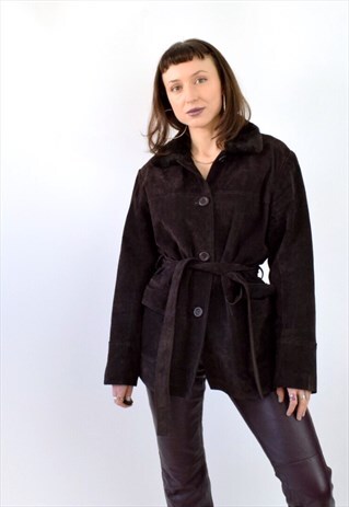 BROWN SUEDE VINTAGE JACKET WAIST TIE BELT FAUX FUR COLLAR