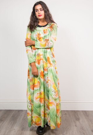 VINTAGE 70'S GREEN FLORAL HIPPIE SUMMER SHEER MAXI DRESS