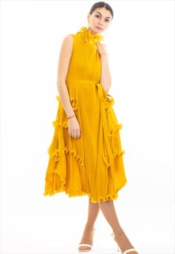 Pleated Midi dress with frilled layer and scallopd neckline 