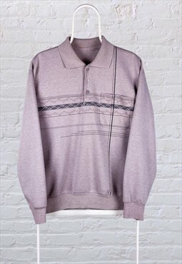 Vintage Patterned Sweatshirt Polo Neck Pale Pink Medium