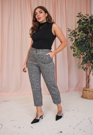 VINTAGE 80S HIGH WAISTED WOOL TROUSERS IN GREY FLECK