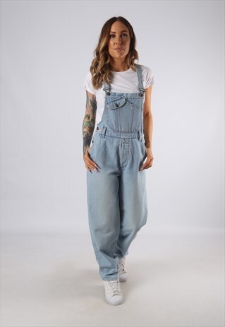 VINTAGE DENIM DUNGAREES WIDE TAPERED LEG UK 10 SMALL (JE4S)