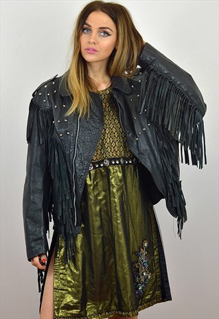 VINTAGE LEATHER BLACK STUDDED AND FRINGED BIKER JACKET