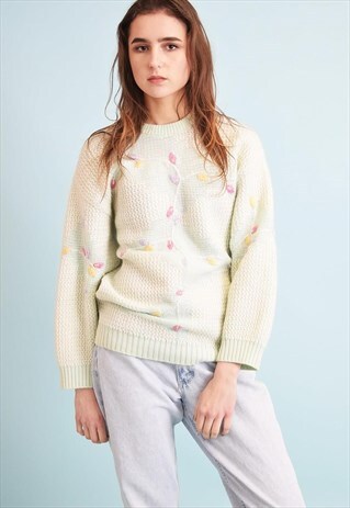 CUTE 80'S RETRO FLORAL EMBROIDERY KNIT OVERSIZED JUMPER TOP