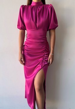 Amanda Ruched Halterneck Dress in Pink