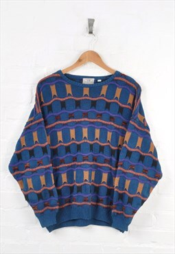 Vintage Knitted Jumper 80s Pattern Blue Ladies XL