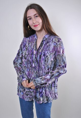 WOMAN VINTAGE PURPLE ABSTRACT PRINT LONG SLEEVE BLOUSE